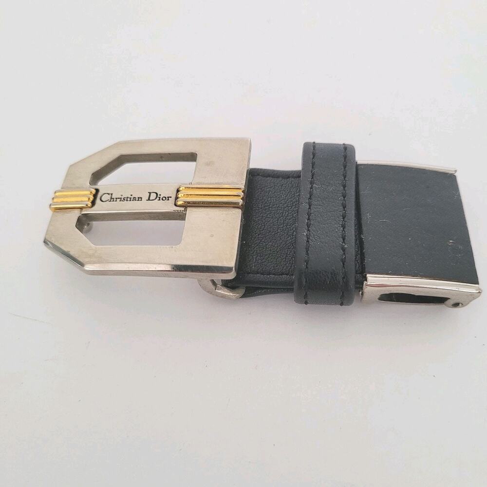 Christian Dior Silver Black Leather Metal Belt Buckle Replacement Slim Vintage‎